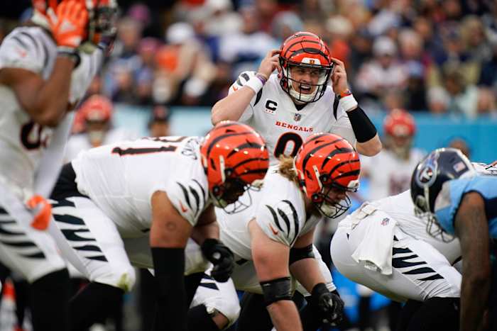 Nov 27, 2022; Nashville, Tennessee, USA; Cincinnati Bengals quarterback Joe Burrow (9) calls a play to his team as they face the Tennessee Titans during the third quarter at Nissan Stadium. Mandatory Credit: George Walker IV-USA TODAY Sports